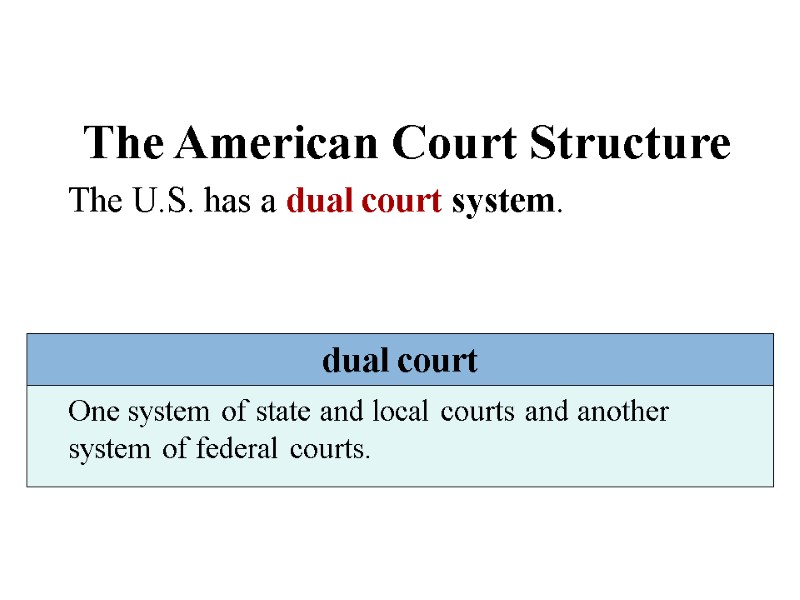 The American Court Structure The U.S. has a dual court system. dual court One